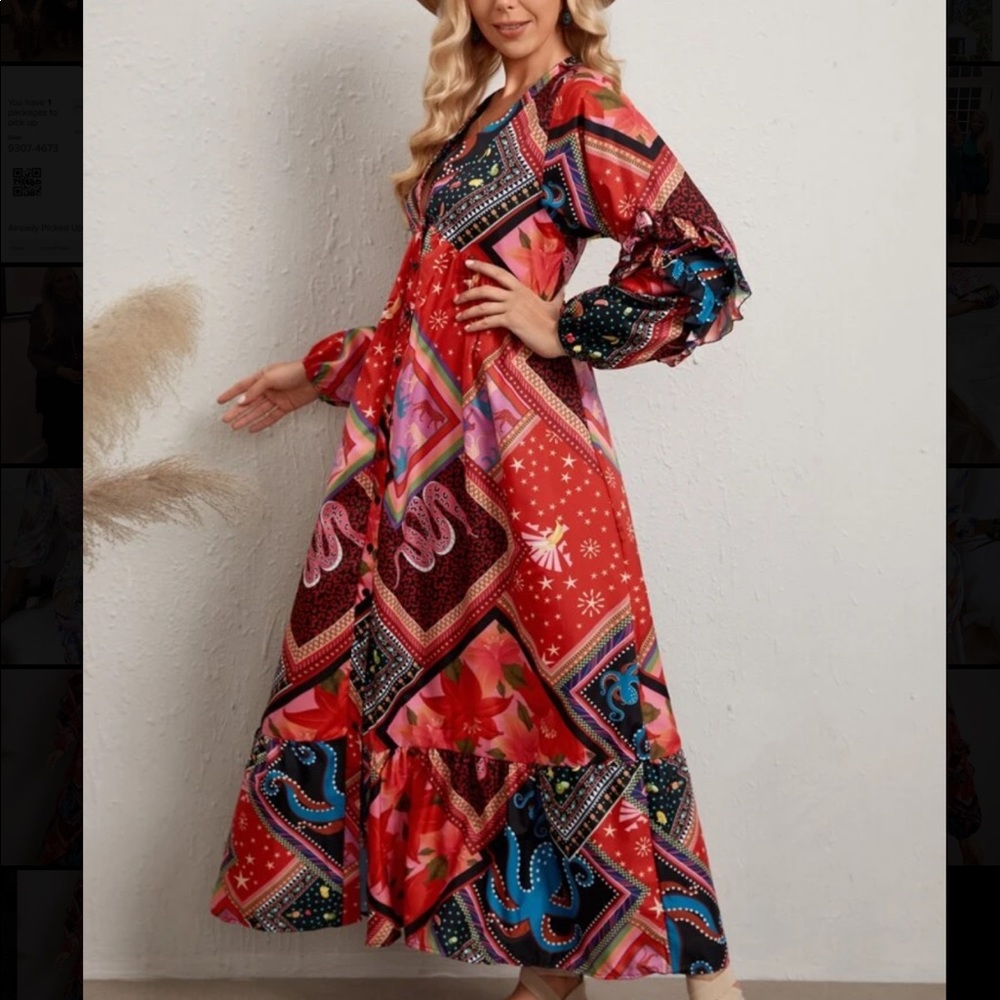 Emery Rose Scarf Print deep V-Neck bishop sleeve Dress